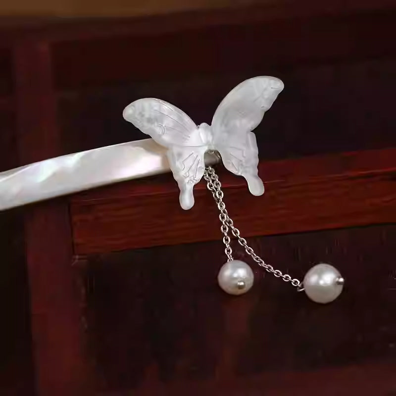 Original Handmade Butterfly Hairpin with Natural Shell, Pearls, and Tassels – Elegant Updo Accessory for Hanfu & Traditional Styles