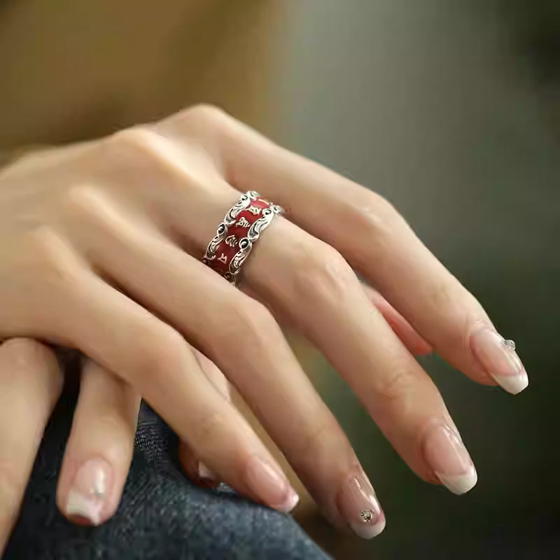 S925 Silver Cinnabar Heart Sutra Ring – Adjustable Six-Syllable Mantra Ring for Women, 2026 New Vintage Style