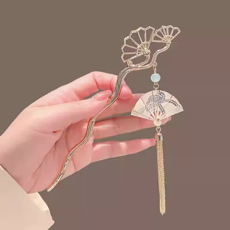 Foldable Fan Tassel Hair Pin for Women – New Chinese Style Gold Alloy Hair Stick | Elegant Classical Hair Accessory