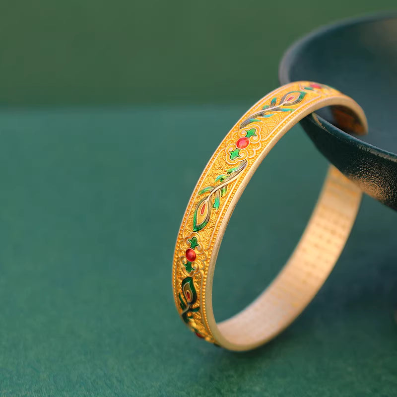 9999 Fine Silver Enamel Phoenix Feather Heart Sutra Bangle – Adjustable Solid Silver Bracelet for Women