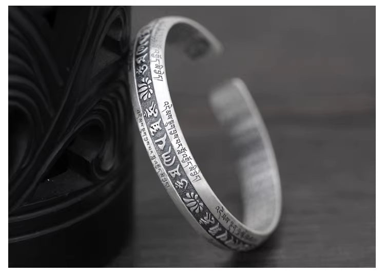 999 Fine Silver Solid Heart Sutra Bracelet – Adjustable Open Band Unisex Couple Bangle
