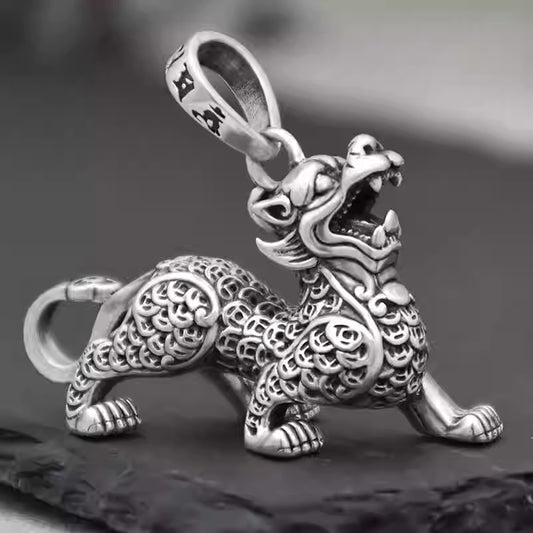 Solid Silver Pi Xiu Pendant Keychain – Feng Shui Lucky Coin with Sandalwood Beads