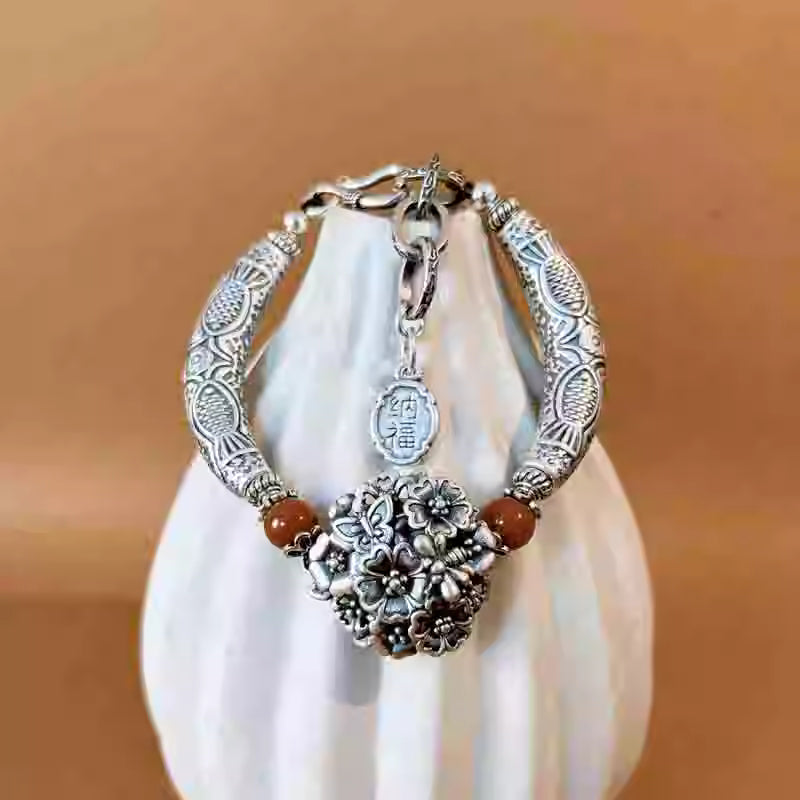999 Fine Silver Blooming Flower Bracelet with South Red Agate – Curved Fish Pattern “Nafu” Feng Shui Handmade Jewelry