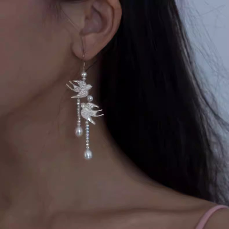 "Spring Letter" New Chinese Style Swallow Tassel Earrings – Faux Pearl & Shell Bead Drop Earrings for Women