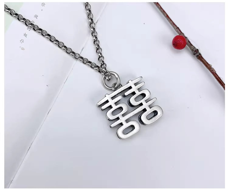 Vintage Chinese Double Happiness Necklace for Women – Square & Round Xi Pendants Short Clavicle Chain | 99 Sterling Silver