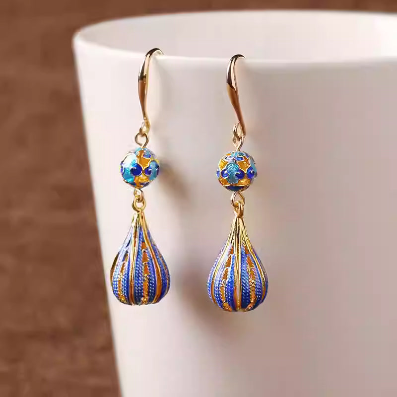 Blue Cloisonné Drop Earrings for Women – Vintage Chinese Style Long Dangle Jewelry