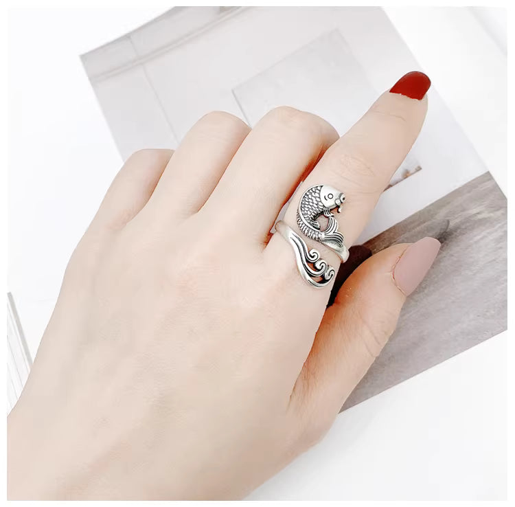 Sterling Silver Koi Fish Ring for Women – Adjustable Open Band “Fish in Water” Ring, Symbol of Prosperity