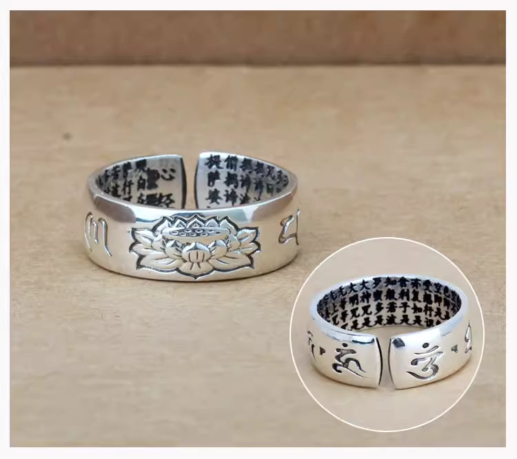 999 Fine Silver Heart Sutra Lotus Ring – Adjustable Open Band Unisex Couple Ring, Vintage Style