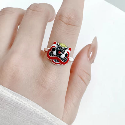 Löwenring aus Sterlingsilber für Damen – Verstellbarer offener Fingerring mit Cloisonné-Emaille, Statement-Schmuck im Ethno-Stil