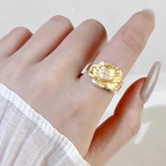Peony Flower Ring for Women – Adjustable Open Band Elegant Floral Statement Ring | 999 Sterling Silver