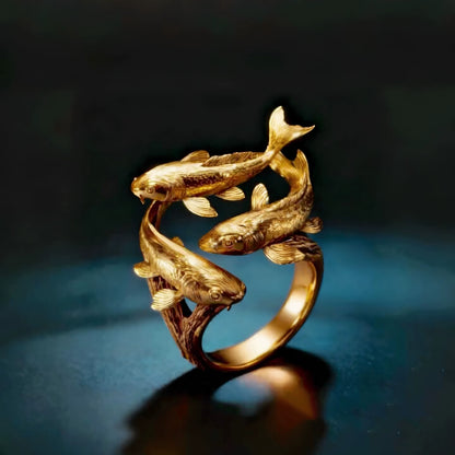 Gold-Plated Triple Koi Fish Ring – New Chinese Style Adjustable Fortune Ring for Women