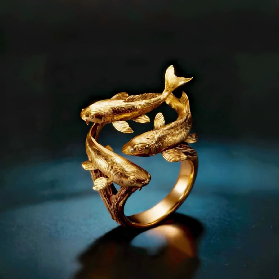 Gold-plated adjustable ring with a triple koi fish design