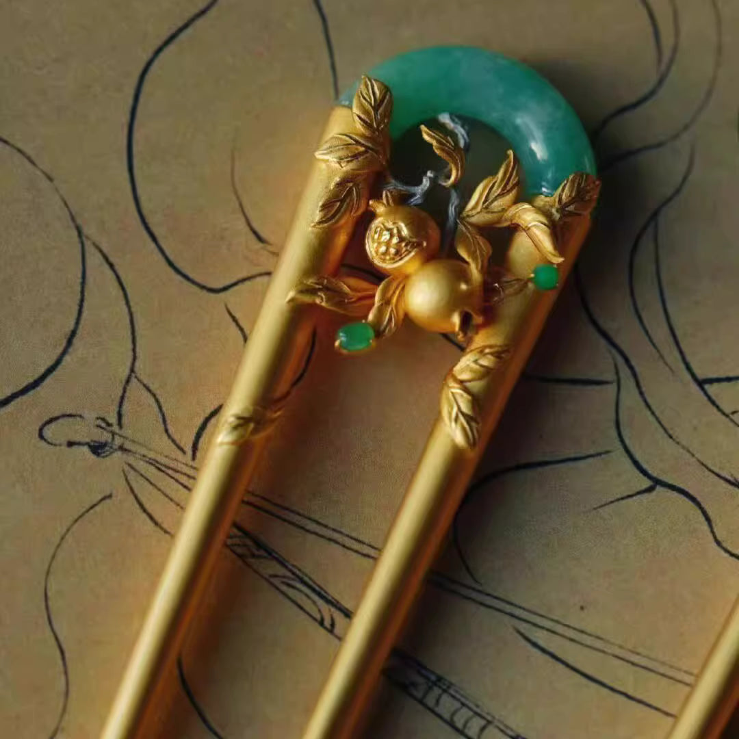New Chinese Style Gold-Plated S925 Silver Pomegranate Jade U-Shaped Hairpin – Hanfu Qipao Ancient Fashion Accessory