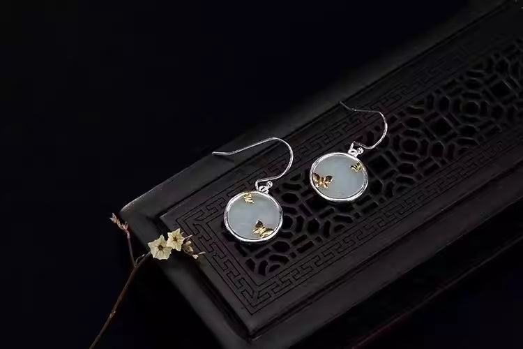 Classic Hetian Jade Butterfly Earrings – S925 Silver Gold-Plated Round Earrings for Women
