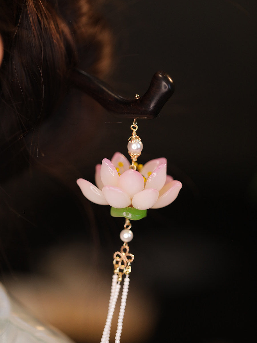 Black Ebony Lotus Long Tassel Hairpin – New Chinese Style Hanfu Hair Accessory