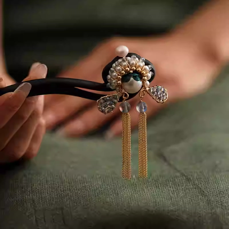 Daomadan Peking Opera Blackwood Tassel Hairpin – Traditional Chinese Fine Craft Hair Accessory with Pearl Accents