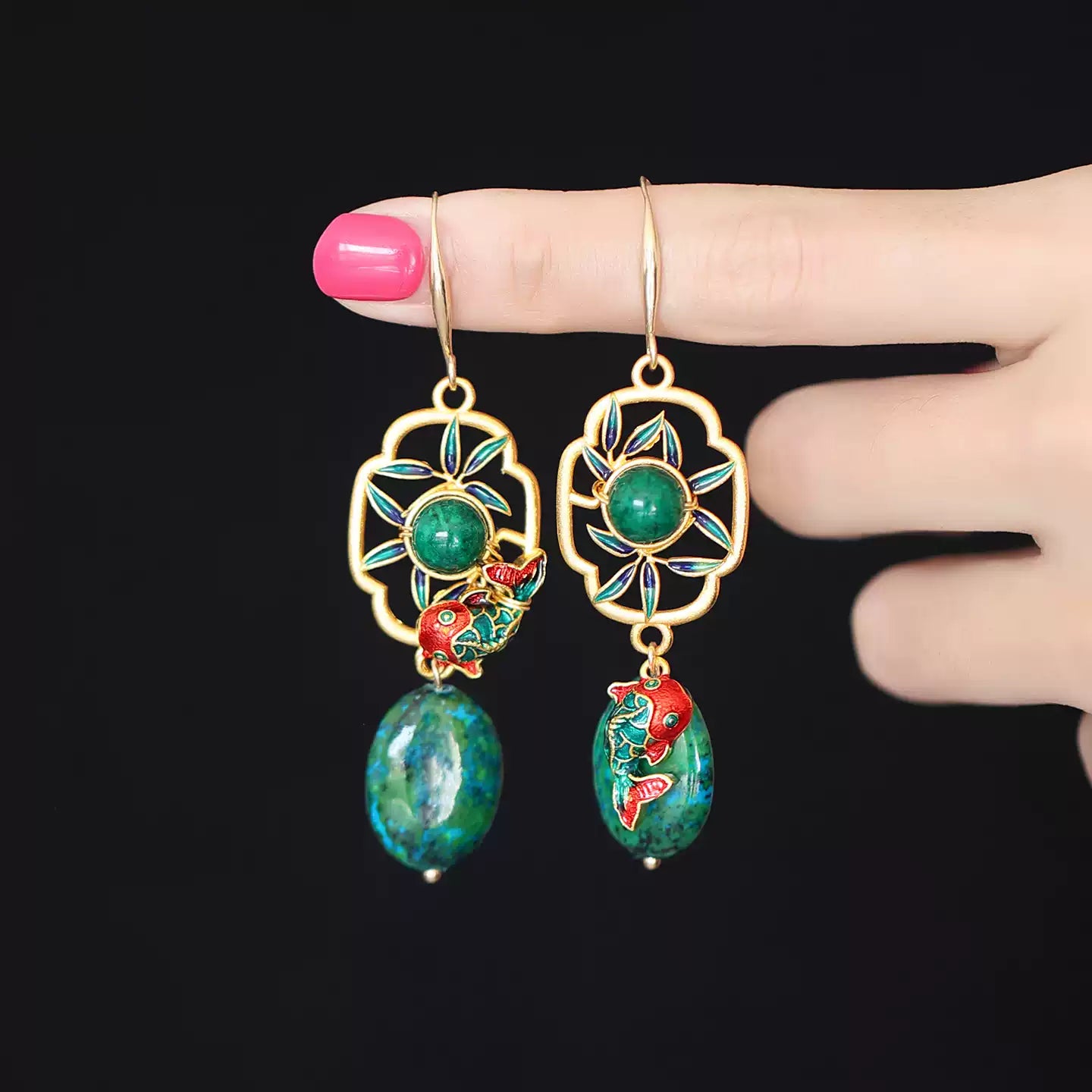 Spring Fish Cloisonné Earrings – New Chinese Style Green Stone Dangle Earrings