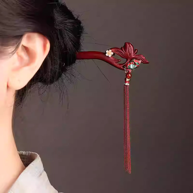 Red Sandalwood Cloisonné Lotus Tassel Hairpin – Double-Sided Feng Shui Bun Pin for Women
