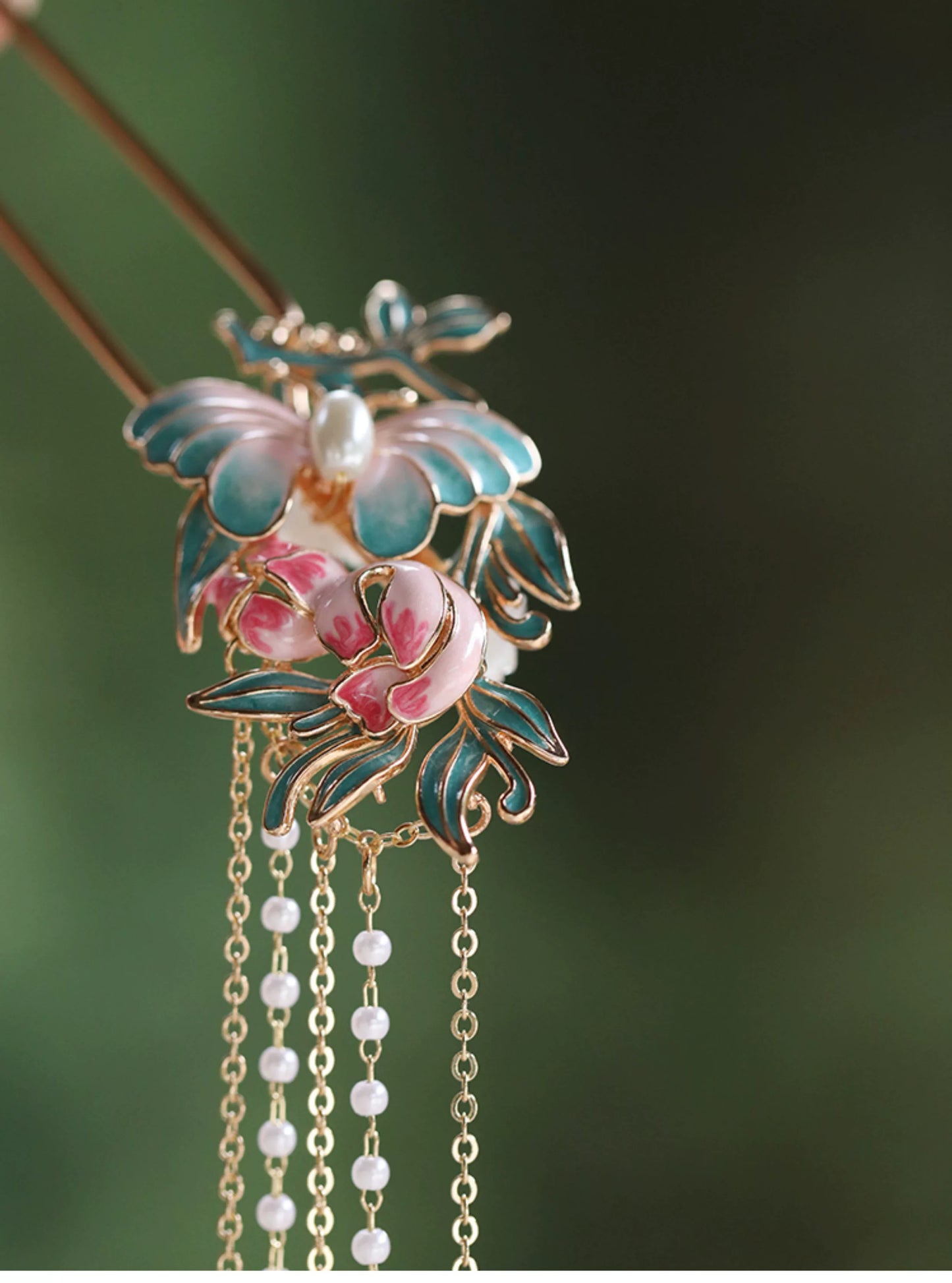 Butterfly  Floral Pearl Tassel Hairpin – New Chinese Style Enamel Buyao Hair Accessory for Hanfu  Mamian Skirt