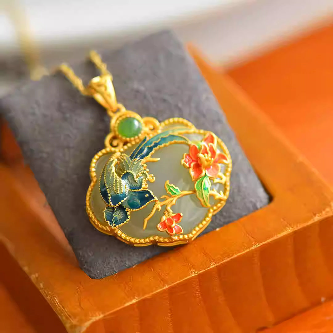New Chinese Style S925 Gold-Plated Silver Hetian Jade Blue Enamel Magpie Ruyi Lock Pendant Necklace for Women