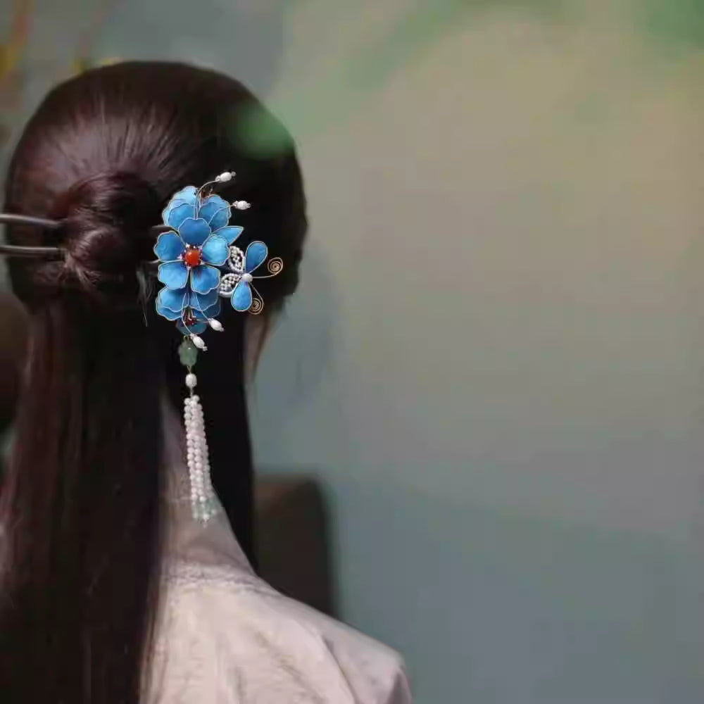 Blue Silk Velvet Peony Tassel Hairpin – Traditional Chinese Non-Heritage Cloisonné & Silk Flower Hair Accessory
