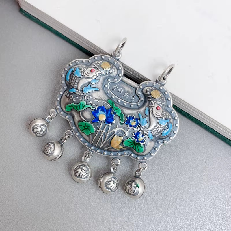 Fish and Lotus Water Play Ruyi Lock Pendant with Tassel – Enamel Lucky Silver Charm | 999 Fine Silver