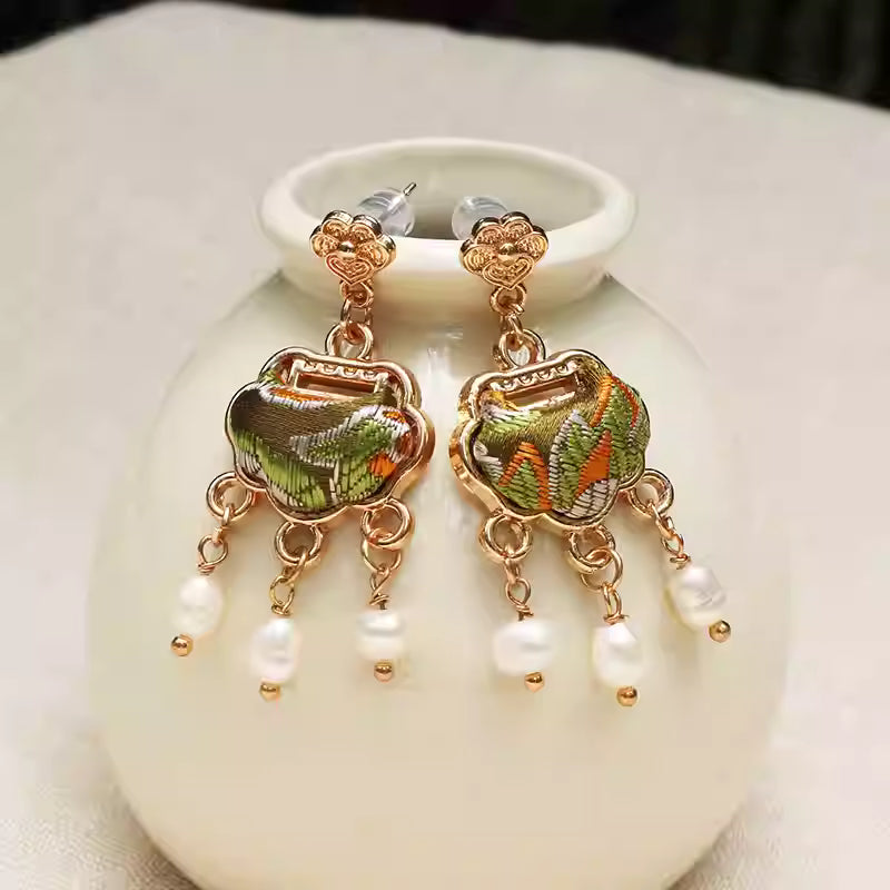 Song Brocade Ruyi Lock Pearl Earrings – Chinese Intangible Heritage Hanfu &Qipao Style Jewelry