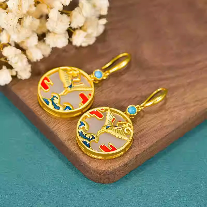 Hetian Jade Crane Earrings with Enamel Inlay – Chinese Style Hanfu Accessory, Elegant Gift for Women