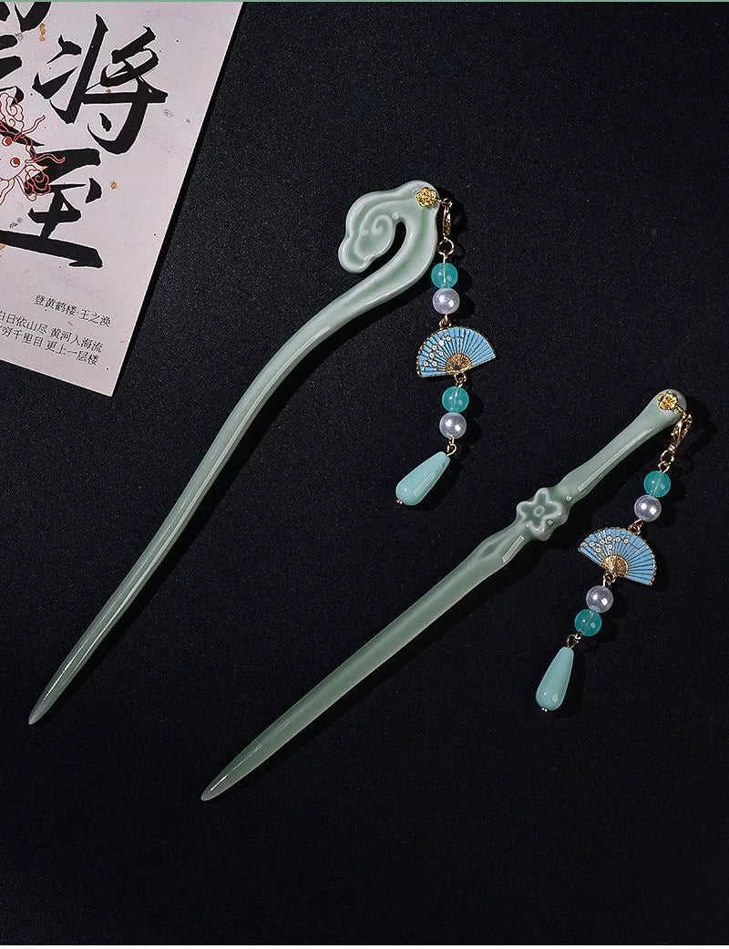 Longquan Celadon Hairpin – New Chinese Style Ceramic Sword &Cloud Ruyi Hair Stick
