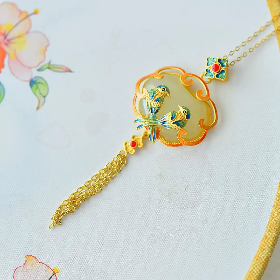 S925 Sterling Silver Cloisonné Magpie Pendant with Natural Hetian Jade – Auspicious Chinese Tassel Jewelry for Women