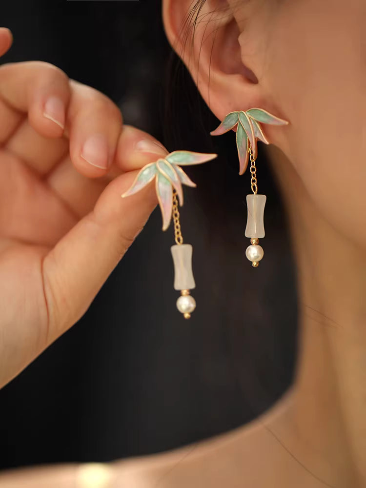 Chinese Bamboo Leaf Tassel Earrings – Vintage Oriental Bamboo Joint Earrings for Qipao