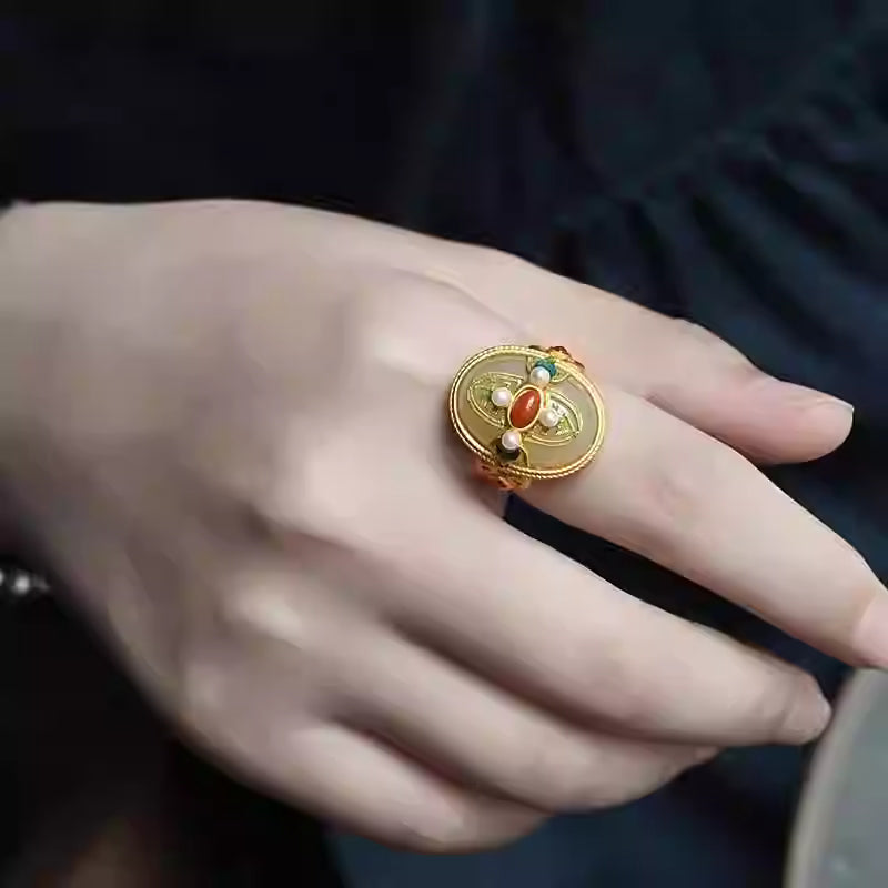 Adjustable S925 Silver Gold-Plated Jade, Red Agate, and Pearl Ring – Palace-Style Classical Chinese Open Finger Ring