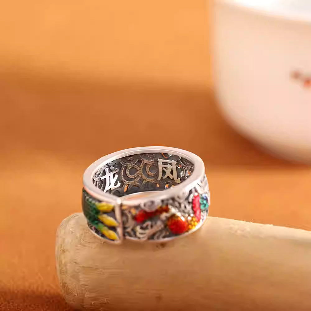 Vintage 990 Sterling Silver Dragon & Phoenix Open Ring – Handcrafted Cloisonné and South Red Agate Adjustable Ring