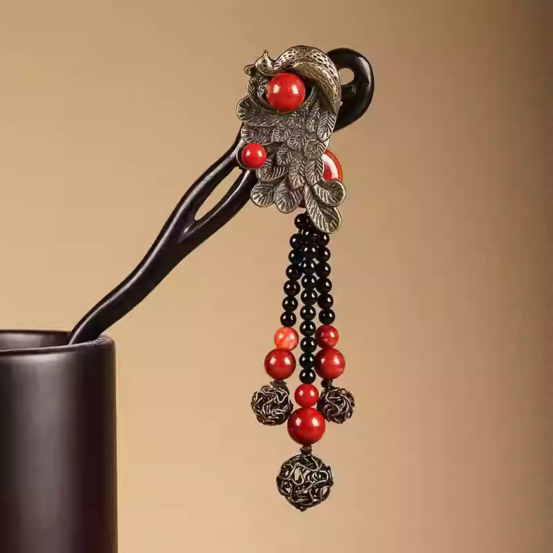 Chinese Peacock Ebony Wood Hairpin with Red Agate Tassels – Vintage Oriental New Year Hair Accessory