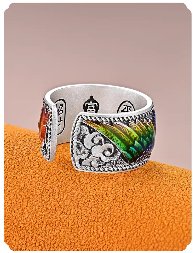 Fine Silver 999 Phoenix & Peony Enamel Open Ring – Hand-Engraved Chinese Auspicious Jewelry
