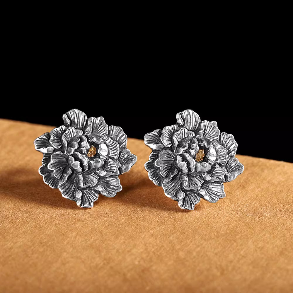 Vintage Sterling Silver & Pure Gold Peony Stud Earrings – Handcrafted Chased Floral Design