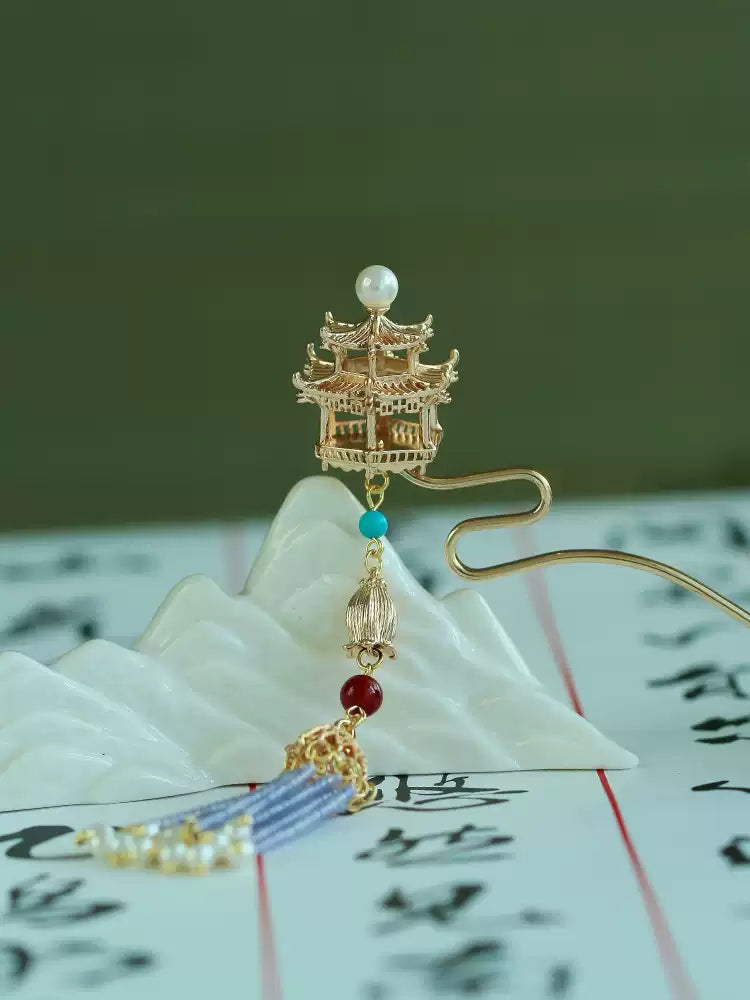 Tassel Hairpin Stick | Gold-Plated Copper Chinese Hair Accessory with Turquoise, Agate & Pearl