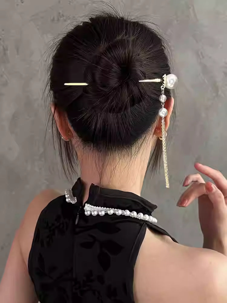 Chinese Butterfly Pearl Hairpin with Long Tassels – Gold Czech Crystal Elegant Updo Hair Accessory for Women