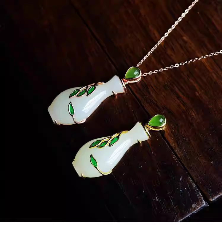 Guanyin Jade Vase Pendant – S925 Silver &amp; Natural Hetian Jade with Blue Enamel Willow Branch