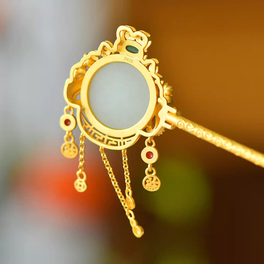 Double Koi Hairpin with Natural Hetian Jade & Enamel – Chinese Auspicious Tassel Hair Accessory for Women