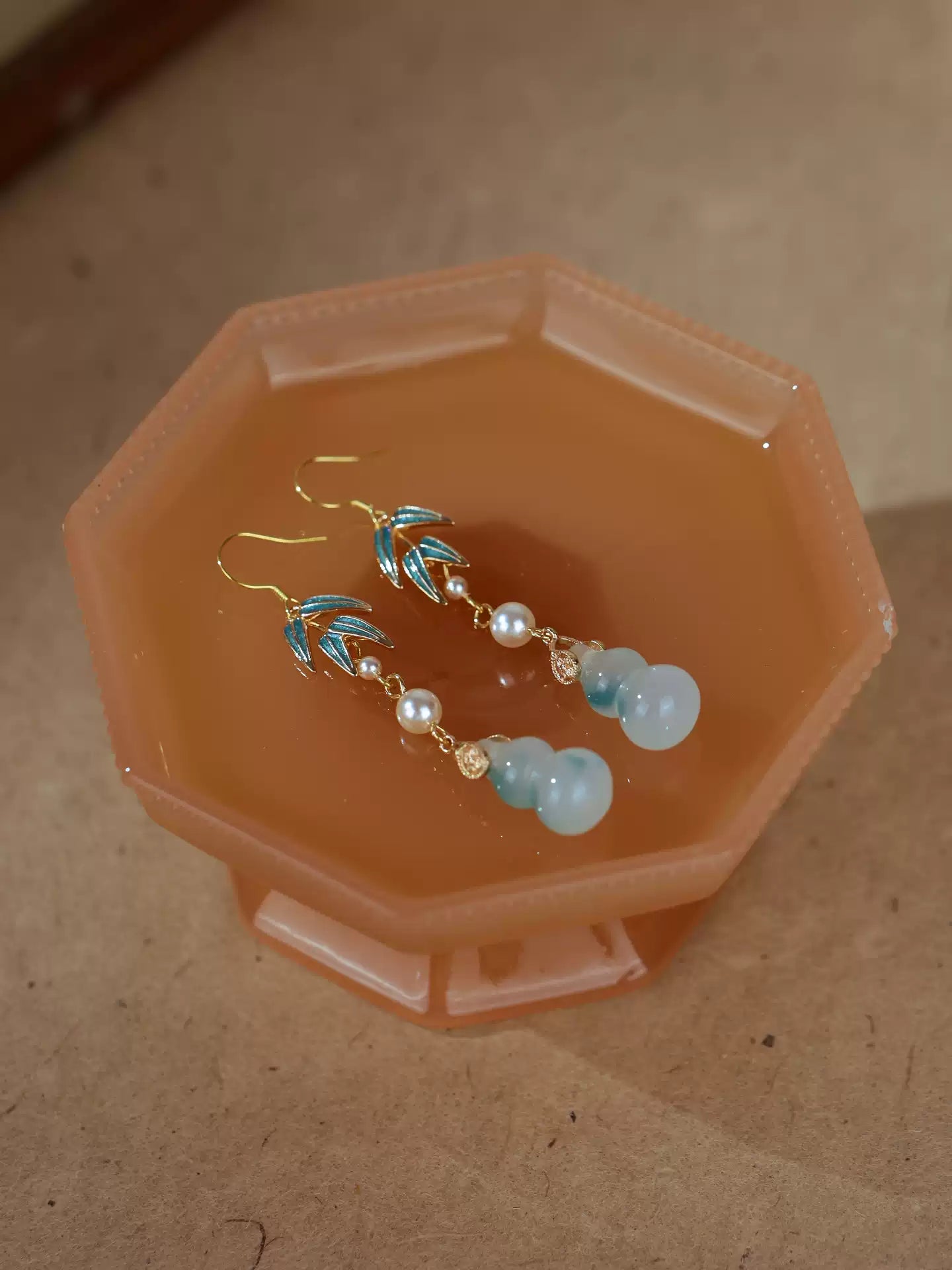 S925 Silver Cloisonné Bamboo Leaf Earrings with Jade Gourd Drop – New Chinese Style Hanfu Jewelry