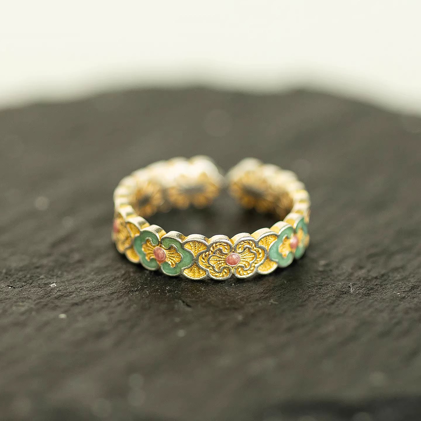 999 Fine Silver Ruyi Cloud & Butterfly Enamel Ring – New Chinese Style Adjustable Silver Ring with Gold Detailing