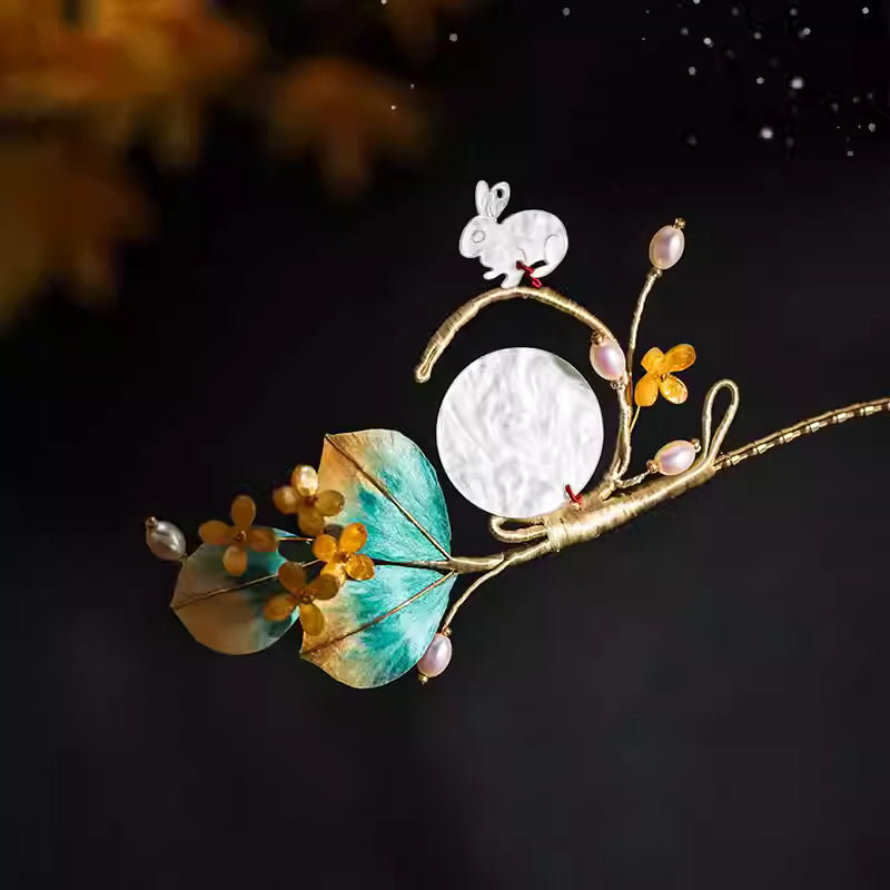 Zheguiling Osmanthus Jade Rabbit Hair Pin – Mid-Autumn Festival Inspired Silk & Pearl Hairpin for Women, Adjustable, Yellow