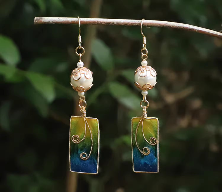 Handcrafted Peacock Blue Velvet Flower Pearl Earrings | Chinese Traditional Hanfu Style, Cloisonné Silk Art