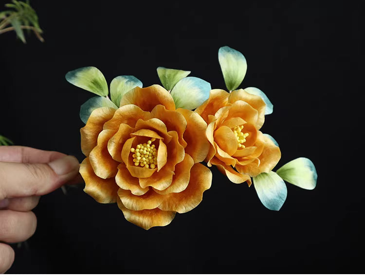 Handmade Yellow Velvet Peony Hair Clip – Traditional Chinese Guofeng Hairpin for Hanfu & Qipao