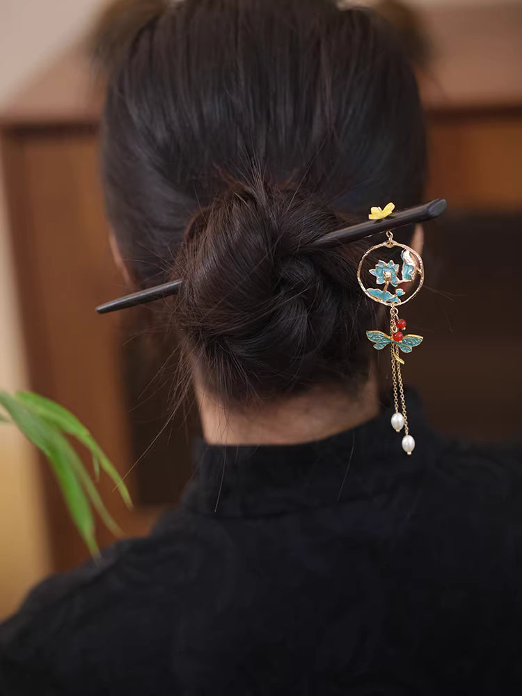 Chinese Style Ebony Wood Lotus Dragonfly Hairpin with Tassel – Peacock Blue Hanfu Hair Accessory for Women