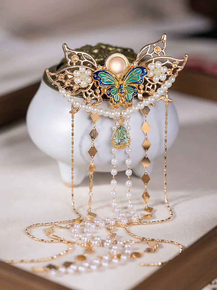 Vintage Butterfly Tassel Hanfu Hair Clip – Cloisonné Style Back Hair Comb with Faux Pearls