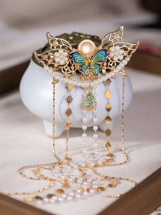 Vintage Butterfly Tassel Hanfu Hair Clip – Cloisonné Style Back Hair Comb with Faux Pearls