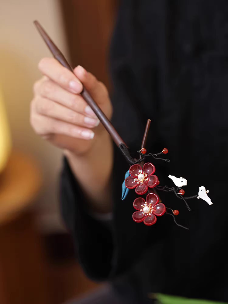 Chinese Magpie Plum Blossom Hairpin with Red Glaze – Sandalwood Wedding Hair Accessory for Women