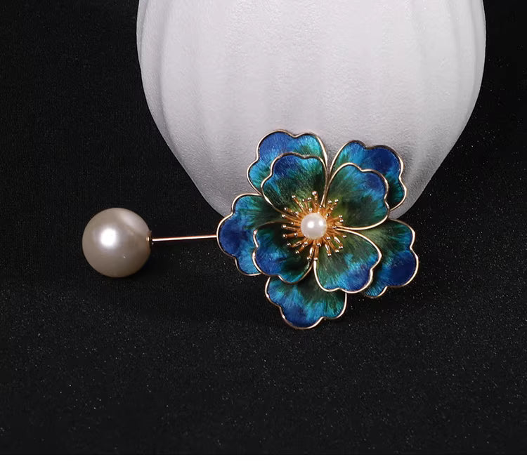 Handmade Peacock Blue Velvet Flower Pearl Brooch – Chinese Heritage Silk Floral Pin for Elegant Women